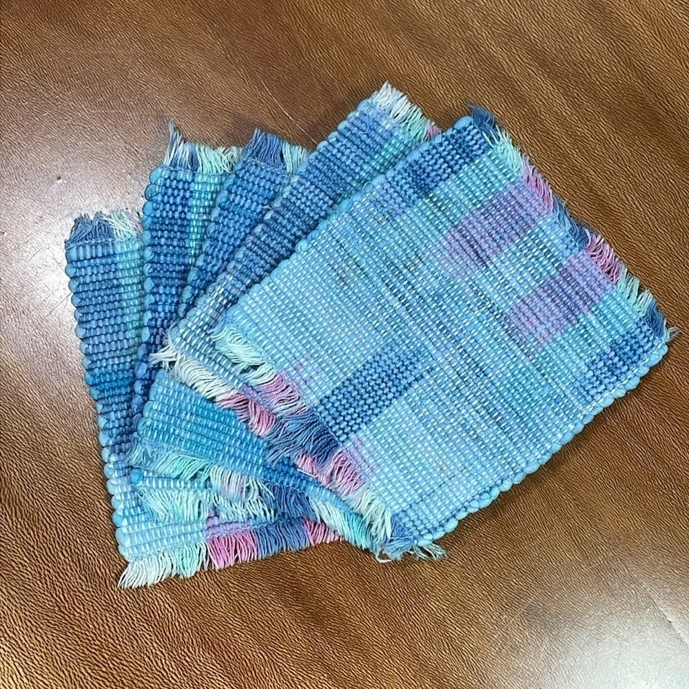 Vintage 90’s Woven Mug Rugs Coaster Cup Place Mats Turquoise Pink Blue Bohemian